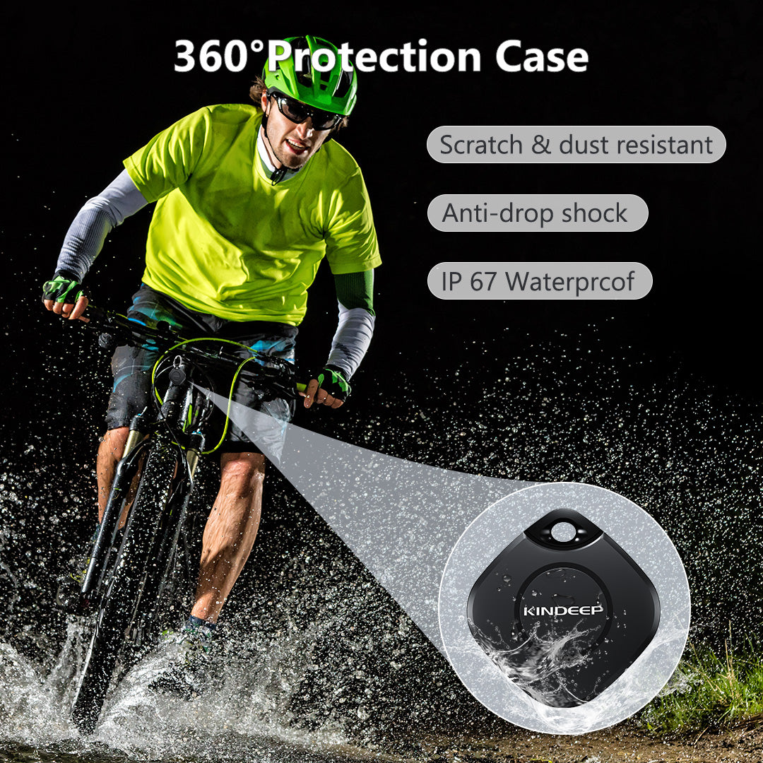 Black KINDEEP Air Tracker Tag, Bluetooth item tracker with keyhole for securing, waterproof.