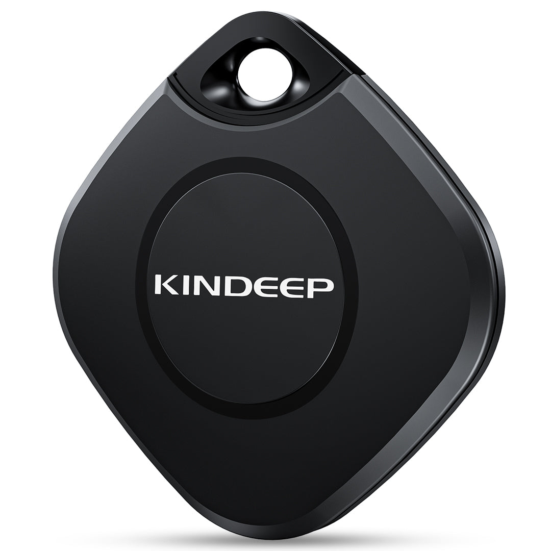 Black KINDEEP Air Tracker Tag, a diamond-shaped Bluetooth item finder with a keyhole for attachment